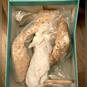 Betsey Johnson champagne heels, embellished laser cut pointed toe